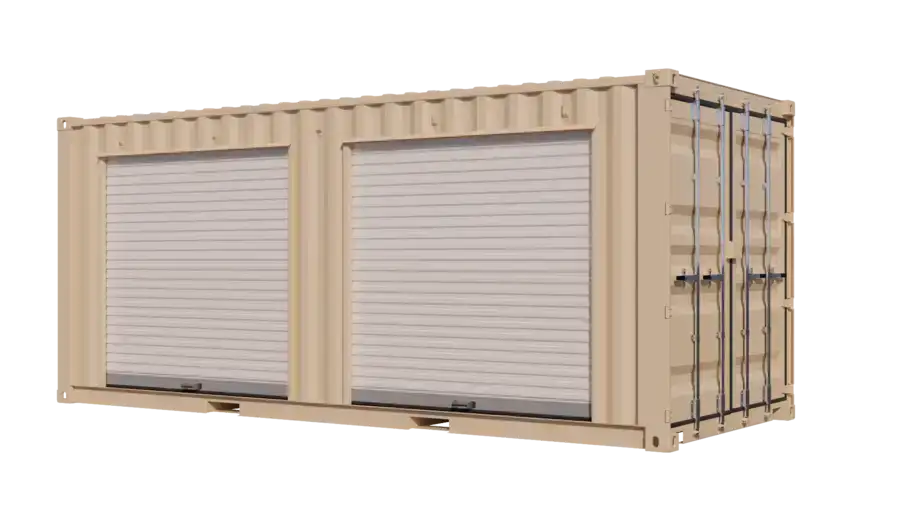 New 6-metre (20 ft) storage container with two 2.1-metre (7 ft) roll-up doors on the left and right sides — view 1